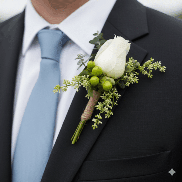 Elegante gallardete del novio (prendido), para boda accesorio de flor único para complementar un traje de boda.