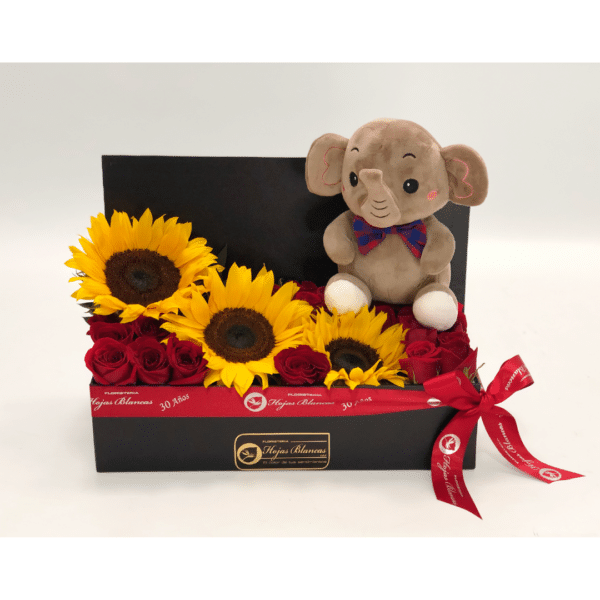 Caja de flores en rosas y girasoles