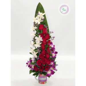 Arreglo floral de rosas rojas y orquídeas dendrobium - Floristeria en Medellin - Floristería en Rionegro